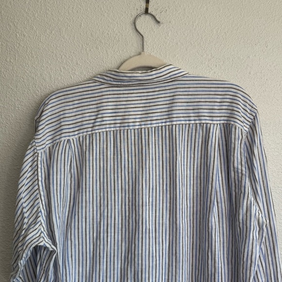 Uniqlo Shirt Men's‎ Large Button Up 100% Linen Blue Long Sleeve Striped Boho - Picture 9 of 10